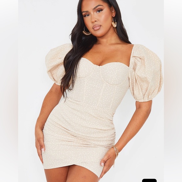 NWT PrettyLittlething Stone Polka Dot Binding Detail Ruched Hem Bodycon Dress - Picture 1 of 7